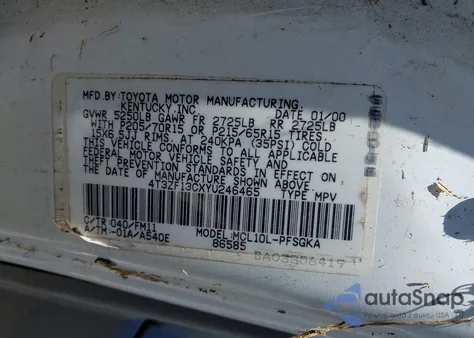 2000 Toyota Sienna Xle z USA, uszkodzony, nr VIN 4T3ZF13CXYU246465